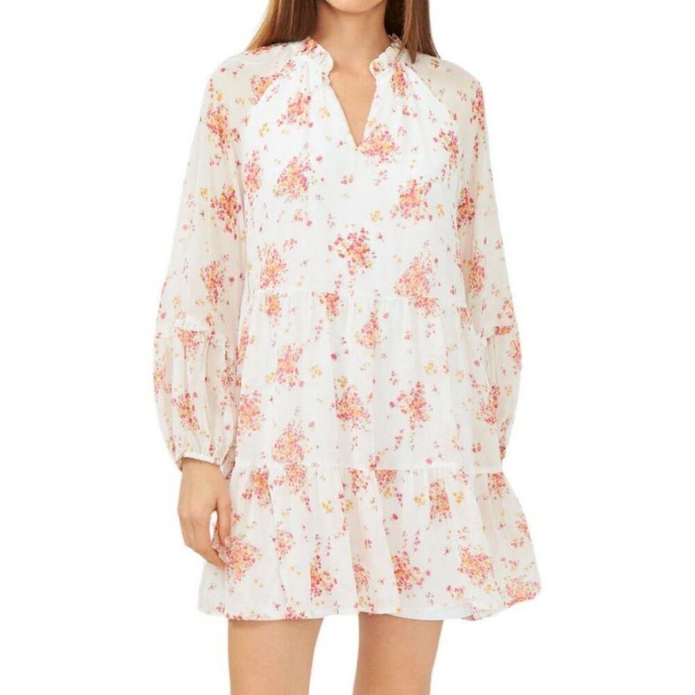 VINCE CAMUTO White Floral Sz XS Lined Chiffon Tiered Frilly Boho Mini Dress